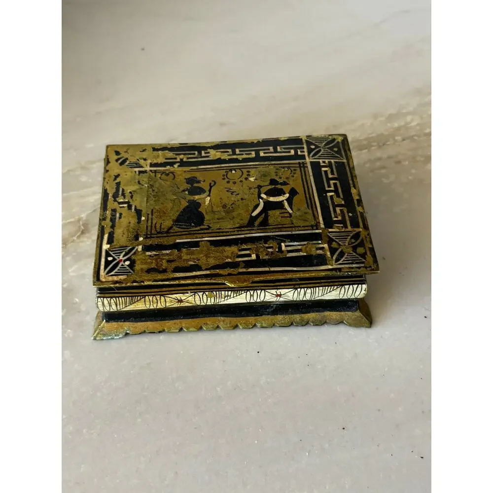 Vintage Brass & Black Lacquer Trinket Box Greek Key Classical Scene Jewelry Box